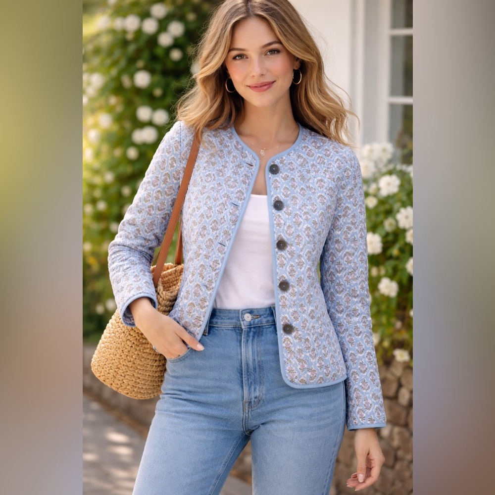 J. Crew Light Blue Quilted Tweed Button-Front Blazer